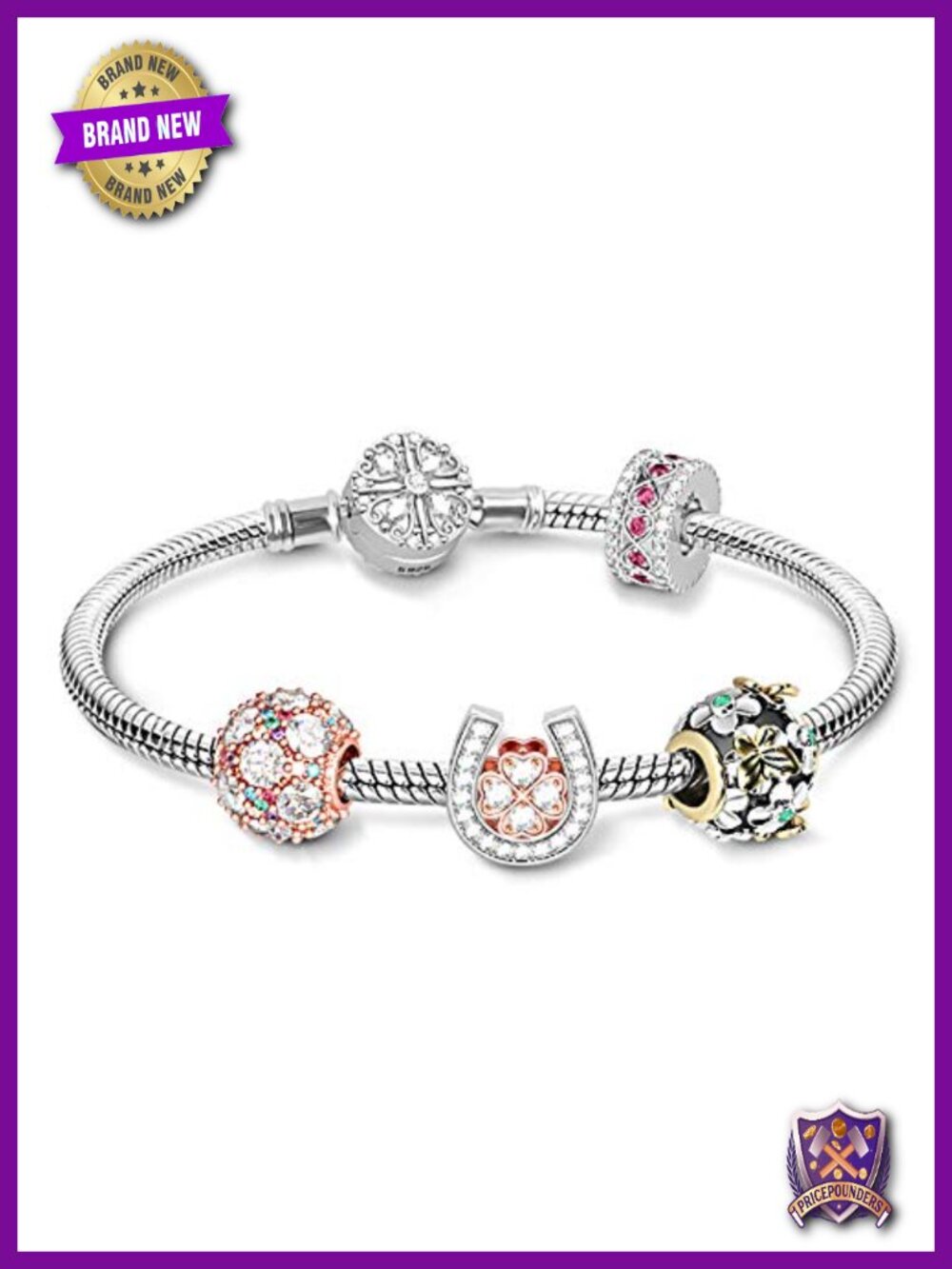 S925 Sterling Silver Snake Chain Charm Bracelet, Flower Cluster Beads, Clasp